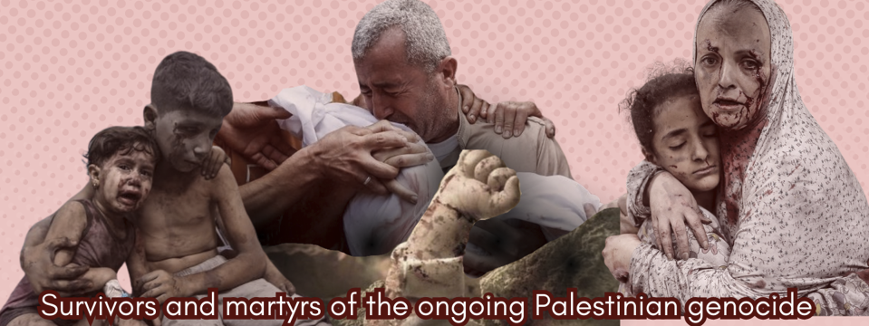 Photos of survivors and martyrs of the Palestinian genocide.